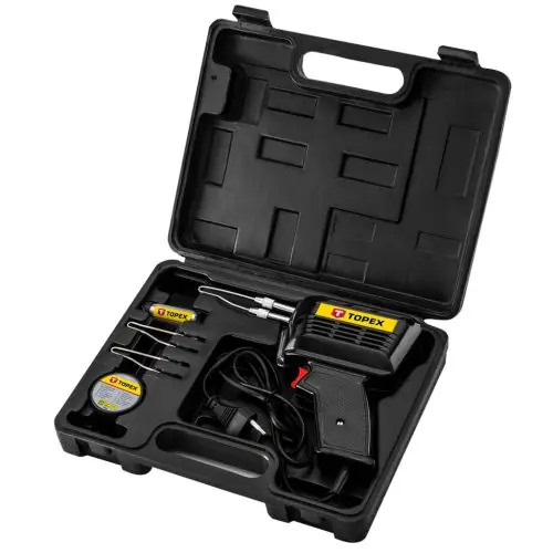 TOPEX Forrasztópisztoly 150W, kiegészítőkkel, 3db pákacsúcs, forrasztókrém, forrasztóón, kofferben Olcsó