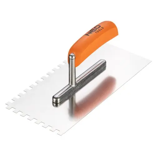 Szuper akció NEO TOOLS Acél simító, fogazott, rozsdamentes, 270x128mm, 8x8x8mm, fa markolat