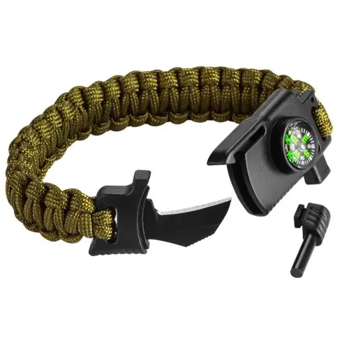 Olcsóbb NEO TOOLS Túlélő karkötő 5az1-ben, 3.5m paracord(250kg-ig), kovakő, iránytű, kés, síp, zöld, szélessége 26mm