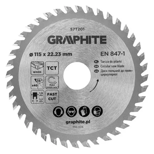Népszerű GRAPHITE Körfűrészlap keményfém fogakkal, 115x22.2mm, 40fog