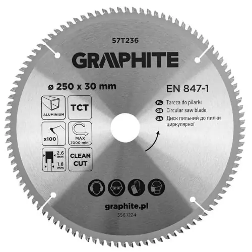 Ingyenes szállítás GRAPHITE Körfűrészlap keményfém fogakkal, alumíniumhoz, 250x30mm, 100fog