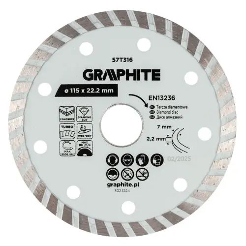 Biztonságos fizetés GRAPHITE Gyémánt vágókorong 115x22.2mm, turbo, száraz és vizes